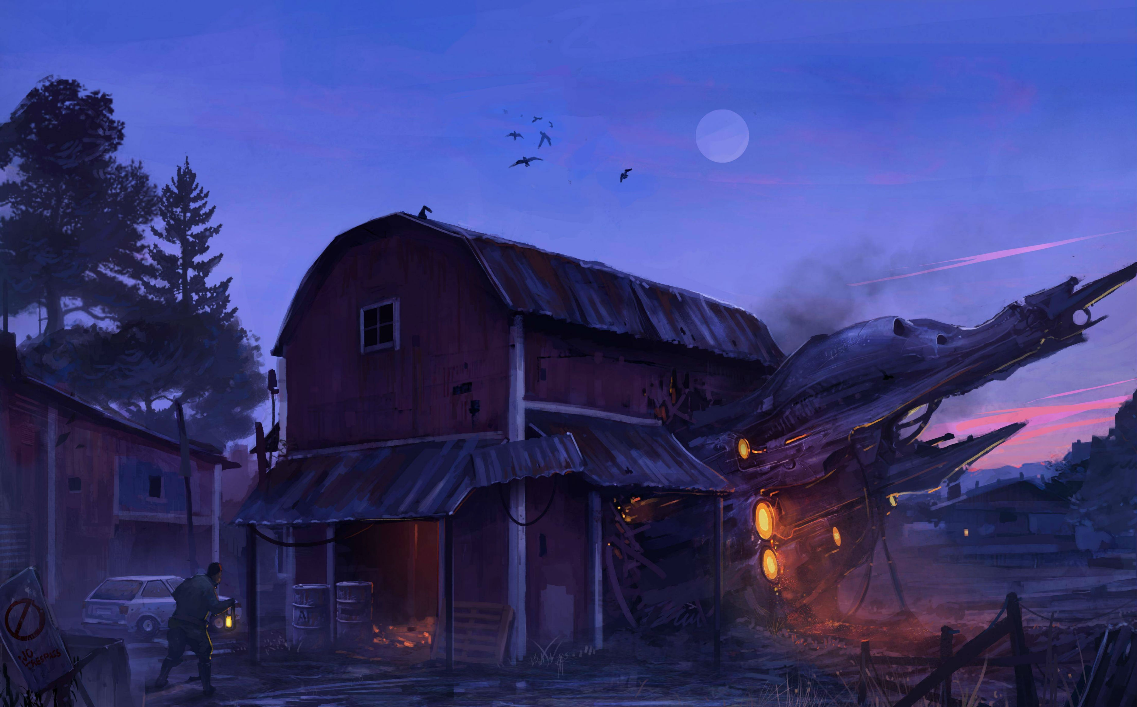 A spacecraft has come to rest partway inside a barn, located on some agriculture dirtball in the Outer Territories. Who appears to be the landowner is cautiously approaching the barn from the opposite side.